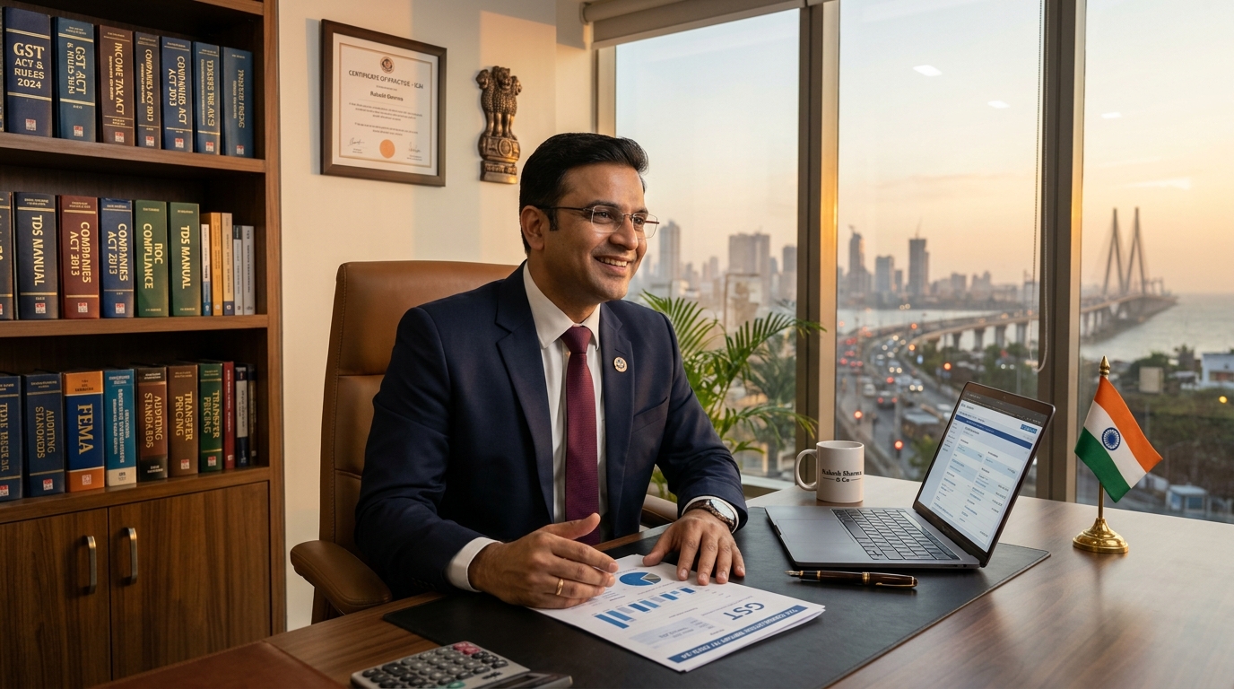 Indian CA consulting a client in a corporate office with GST and Income Tax books